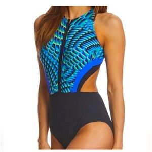 NWT PROFILE BY GOTTEX FORMATION ZIP FRONT HIGH NECK SWIMSUIT, women’s size 14